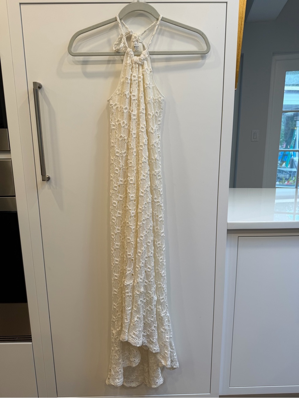 Ivory Crochet Halter Maxi Dress Open Knit Cotton
